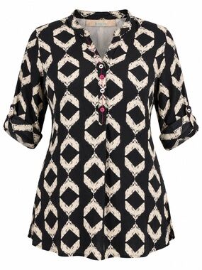 Fusion Plus Size XXL Black Cream Geometric Print Roll Tab Sleeve Tunic Top